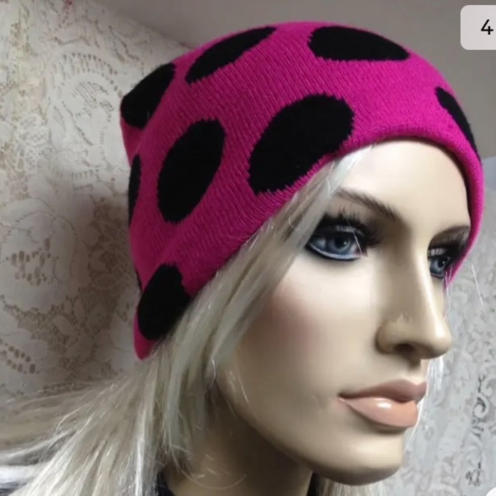 Stunning, Falls Creek Fits All Fuchsia and Black Polka Dot Knitted Hat