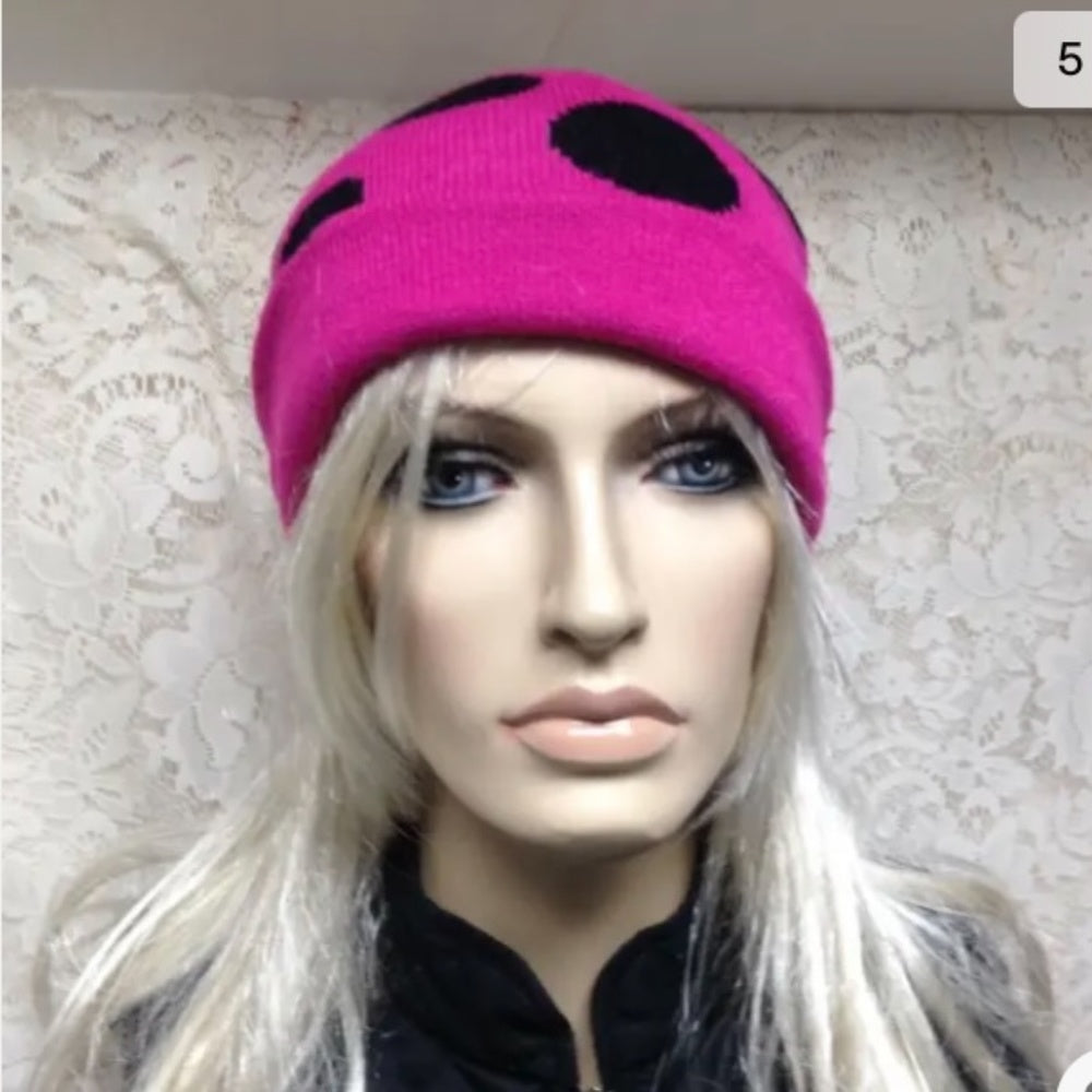 Stunning, Falls Creek Fits All Fuchsia and Black Polka Dot Knitted Hat