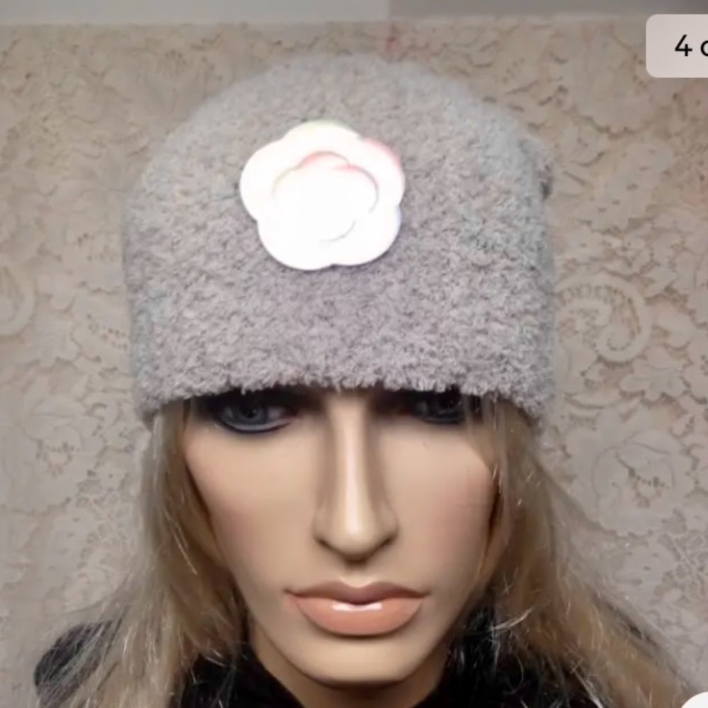 Fabulous Beige Knitted Cloche' Turban -Flapper Style Hat with Camelia Ornament