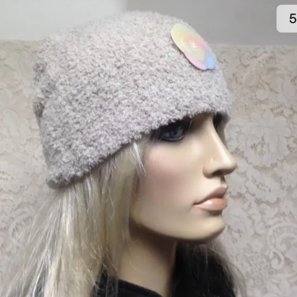 Fabulous Beige Knitted Cloche' Turban -Flapper Style Hat with Camelia Ornament
