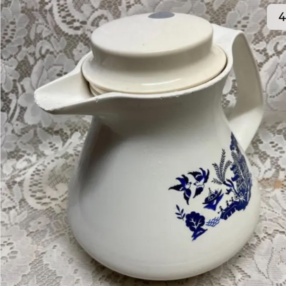 Vintage, Thermos-Germany, Blue Willow Teapot 8.5in H x 9in L x 7.5in D