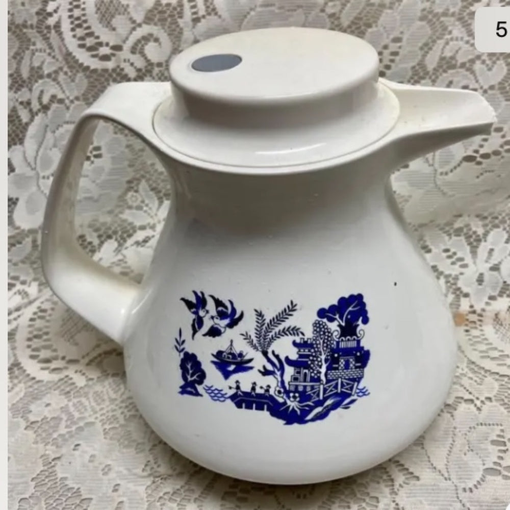 Vintage, Thermos-Germany, Blue Willow Teapot 8.5in H x 9in L x 7.5in D