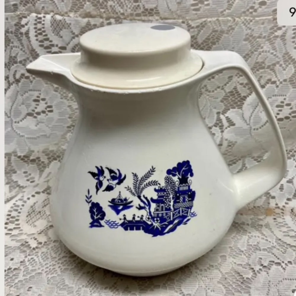 Vintage, Thermos-Germany, Blue Willow Teapot 8.5in H x 9in L x 7.5in D