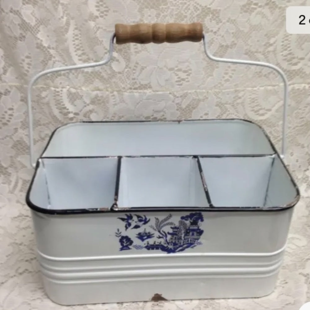 Blue Willow, White Enamelware Caddy 11in x 8in x 5.5in.