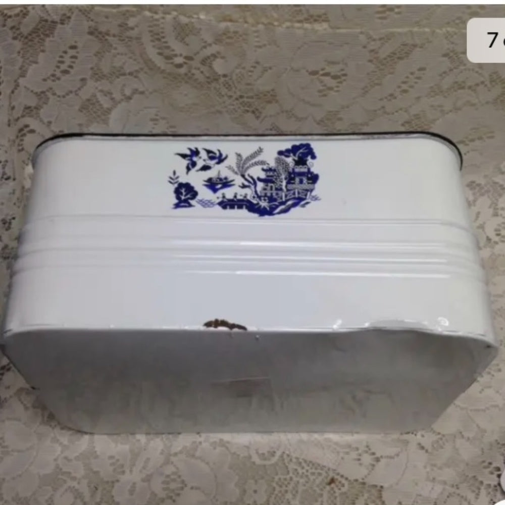 Blue Willow, White Enamelware Caddy 11in x 8in x 5.5in.