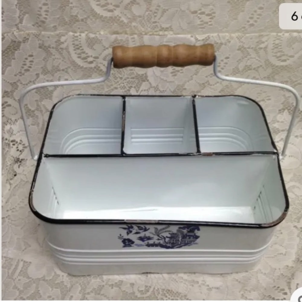Blue Willow, White Enamelware Caddy 11in x 8in x 5.5in.