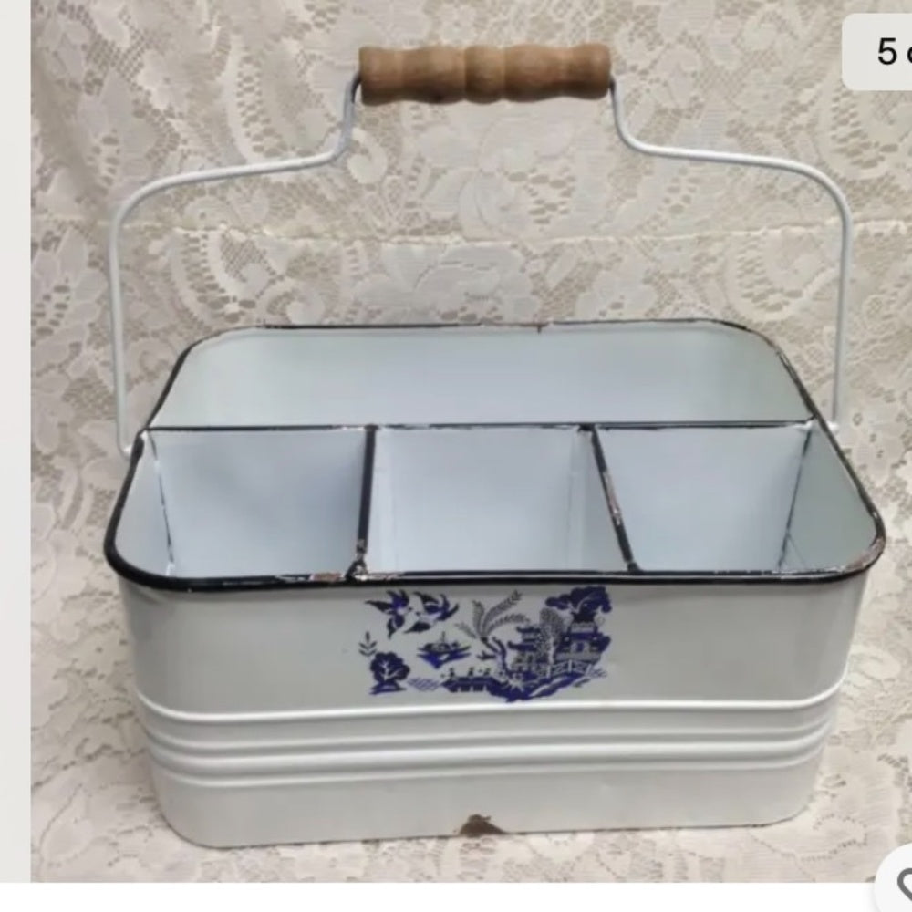 Blue Willow, White Enamelware Caddy 11in x 8in x 5.5in.