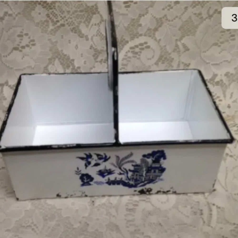 Blue Willow, White Enamelware Small Caddy 8.5in x 7in x 5.5in.