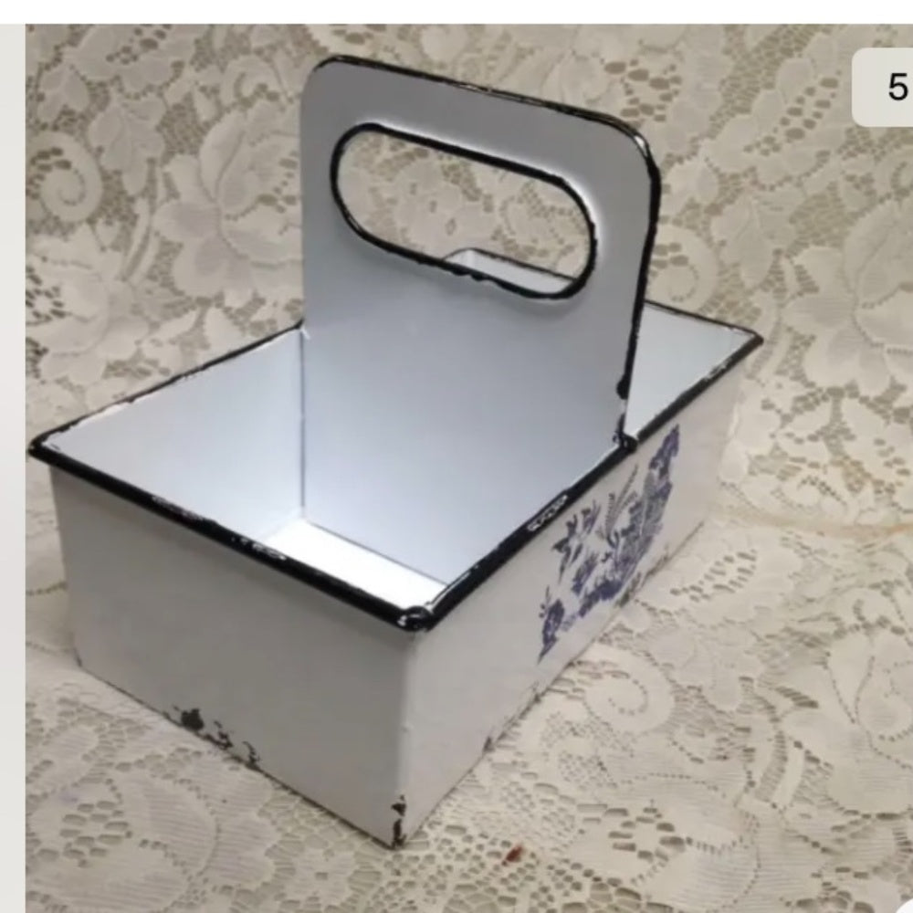 Blue Willow, White Enamelware Small Caddy 8.5in x 7in x 5.5in.