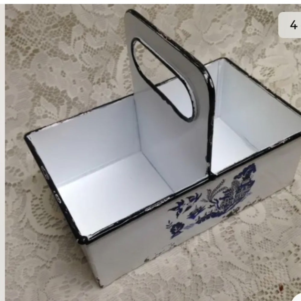 Blue Willow, White Enamelware Small Caddy 8.5in x 7in x 5.5in.