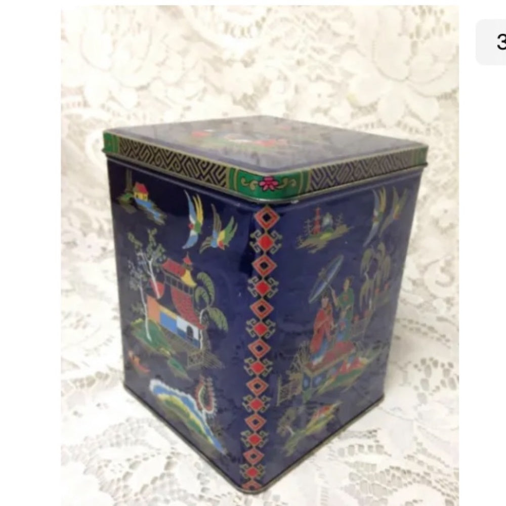 Vintage, Rare, England Variant Gaudy Willow Coasters in Hinged Tin Box 6in x 4in