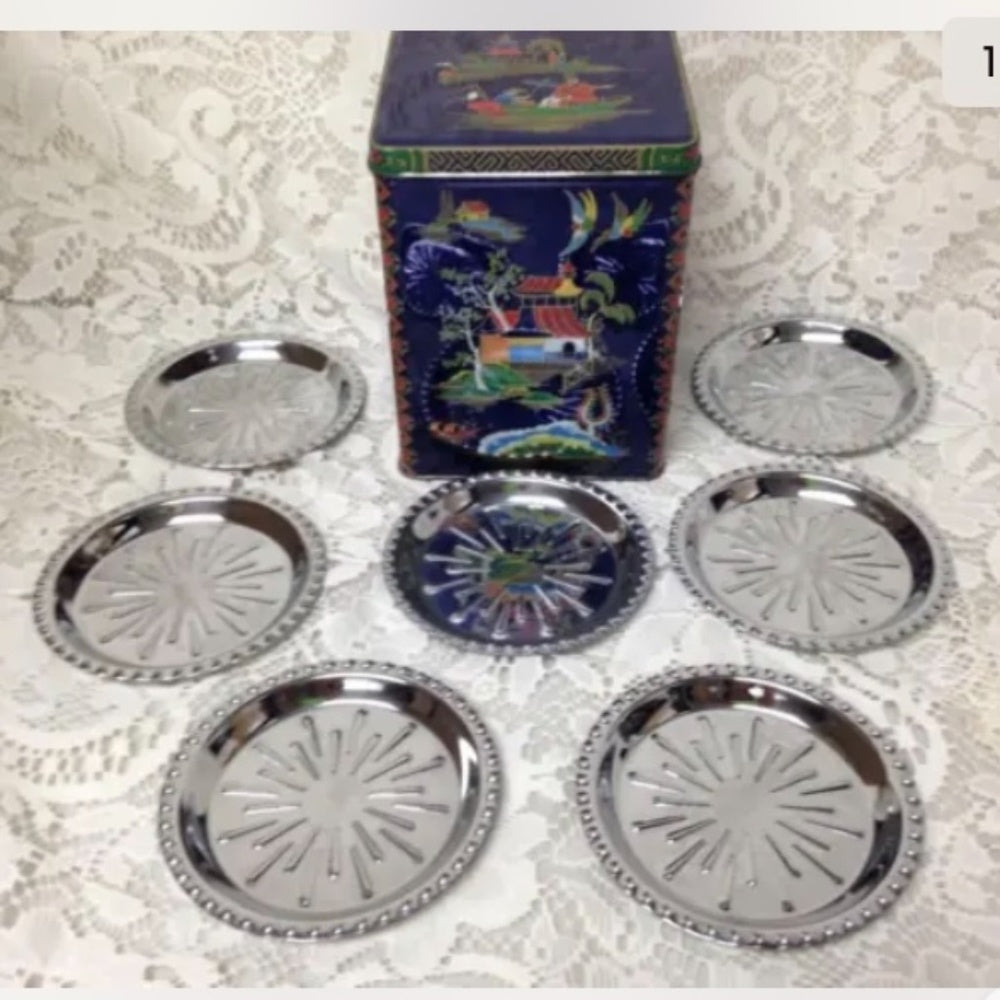 Vintage, Rare, England Variant Gaudy Willow Coasters in Hinged Tin Box 6in x 4in