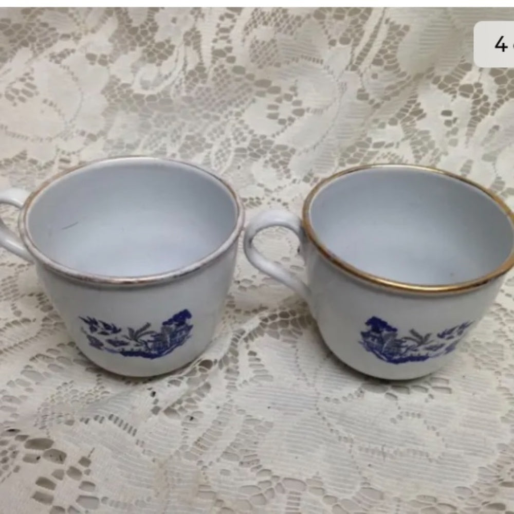 Vintage, 6pc Blue Enamel Trio Tea Set- Cup, Saucer and Breadplate