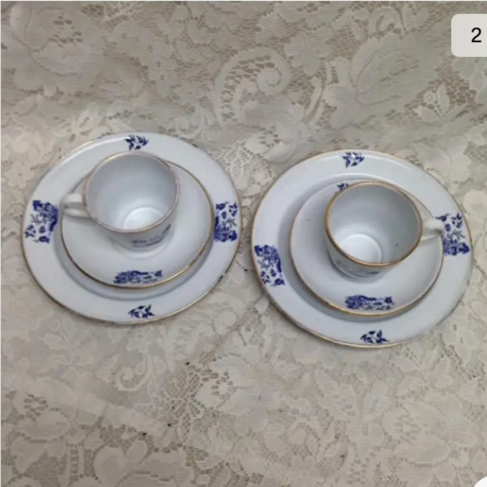 Vintage, 6pc Blue Enamel Trio Tea Set- Cup, Saucer and Breadplate