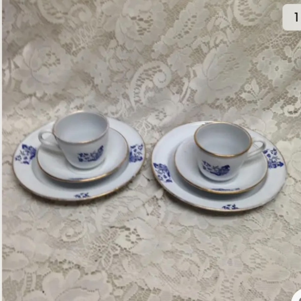 Vintage, 6pc Blue Enamel Trio Tea Set- Cup, Saucer and Breadplate