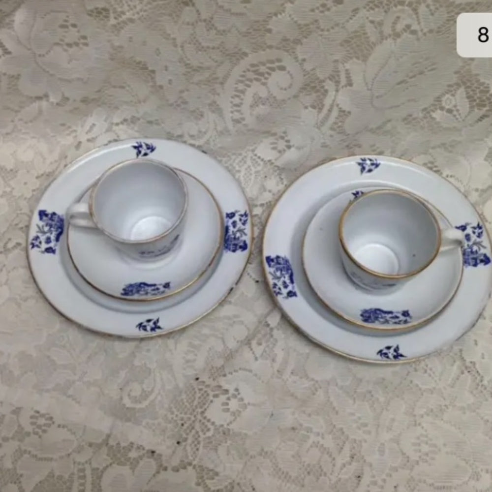 Vintage, 6pc Blue Enamel Trio Tea Set- Cup, Saucer and Breadplate