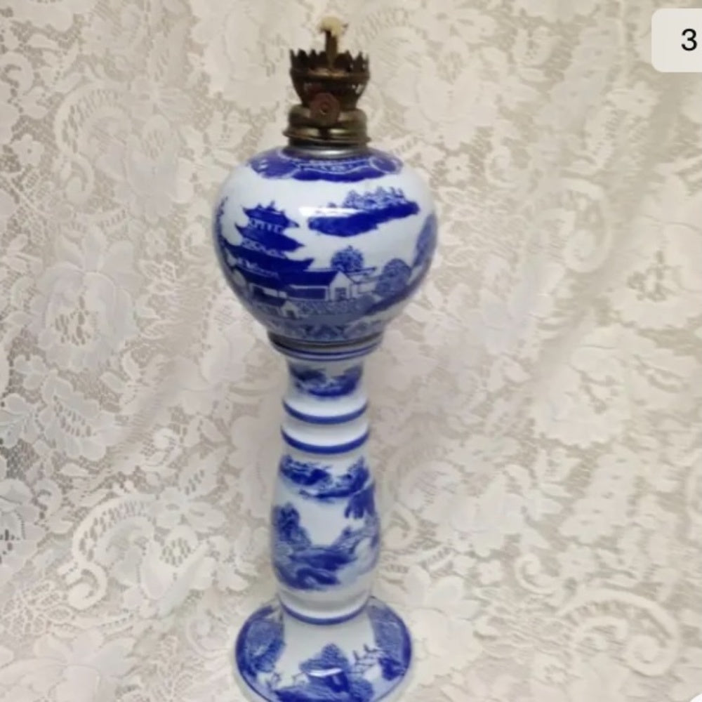 Ironstone, Rare, 16in T Variant, Blue Willow Oil Lamp (No Chimney)