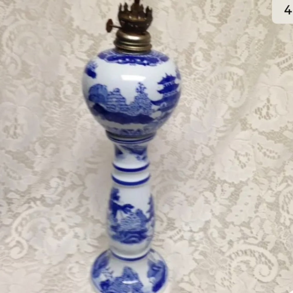Ironstone, Rare, 16in T Variant, Blue Willow Oil Lamp (No Chimney)