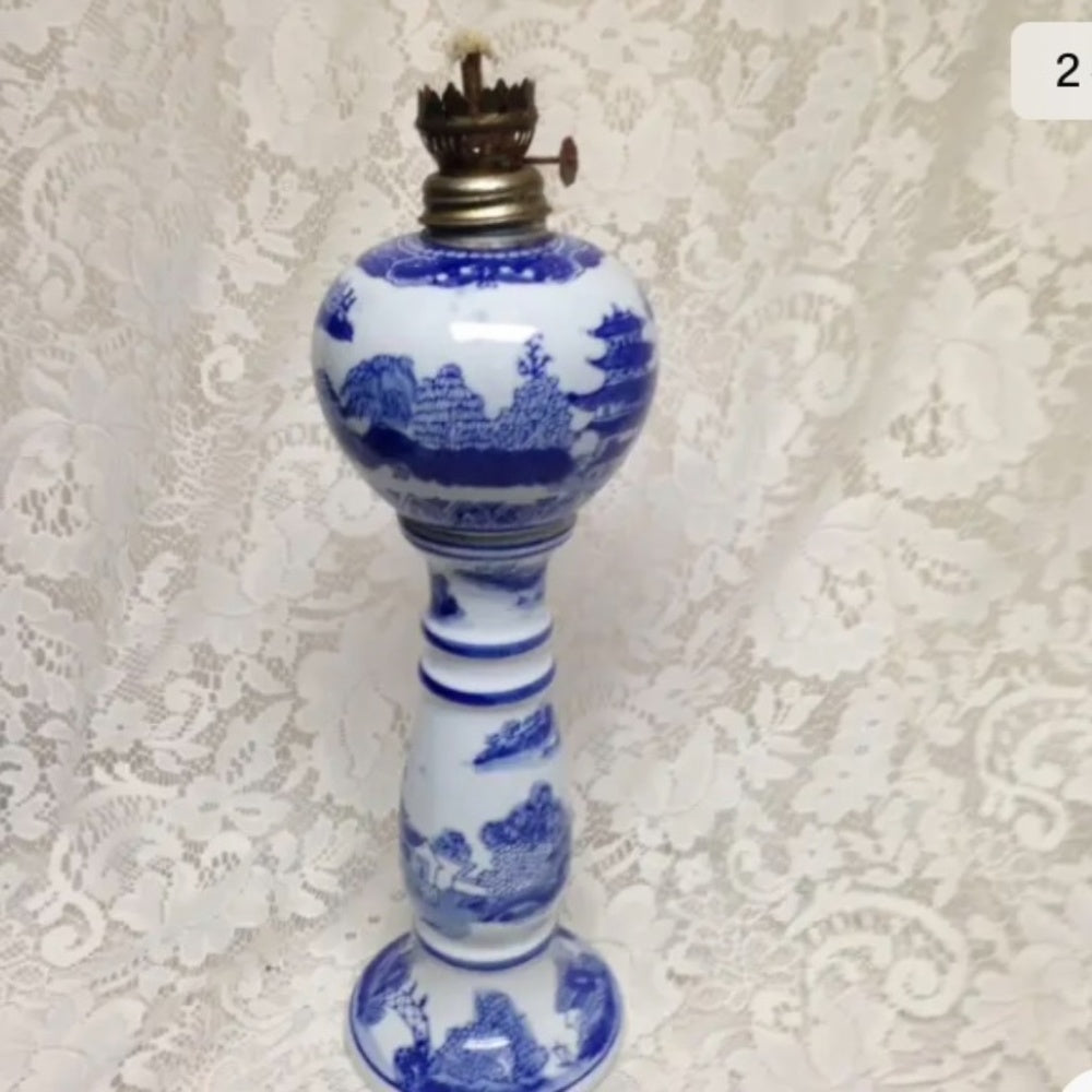 Ironstone, Rare, 16in T Variant, Blue Willow Oil Lamp (No Chimney)