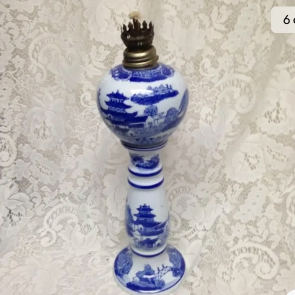 Ironstone, Rare, 16in T Variant, Blue Willow Oil Lamp (No Chimney)