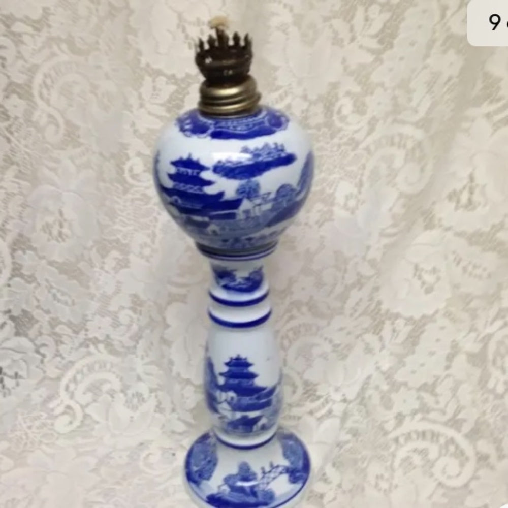 Ironstone, Rare, 16in T Variant, Blue Willow Oil Lamp (No Chimney)