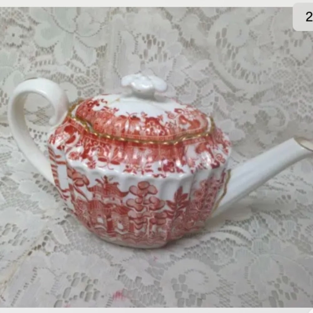Antique, Spode-Copeland, England, Orange Red- Blue Willow Demitasse Teapot