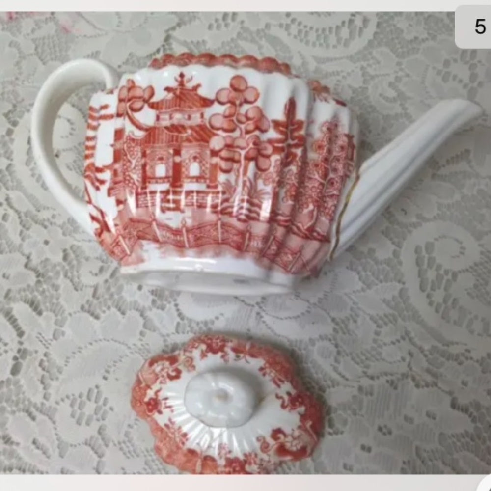 Antique, Spode-Copeland, England, Orange Red- Blue Willow Demitasse Teapot