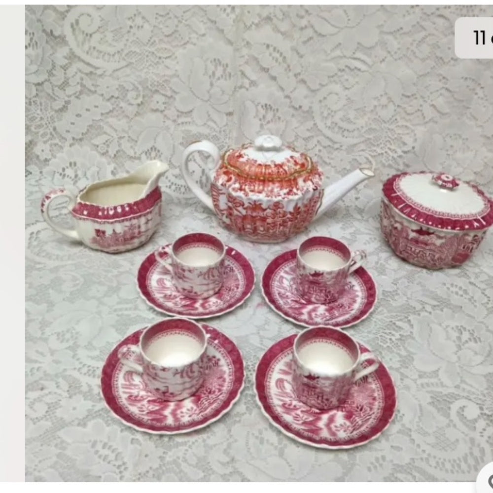 Antique, Spode-Copeland, England, Orange Red- Blue Willow Demitasse Teapot