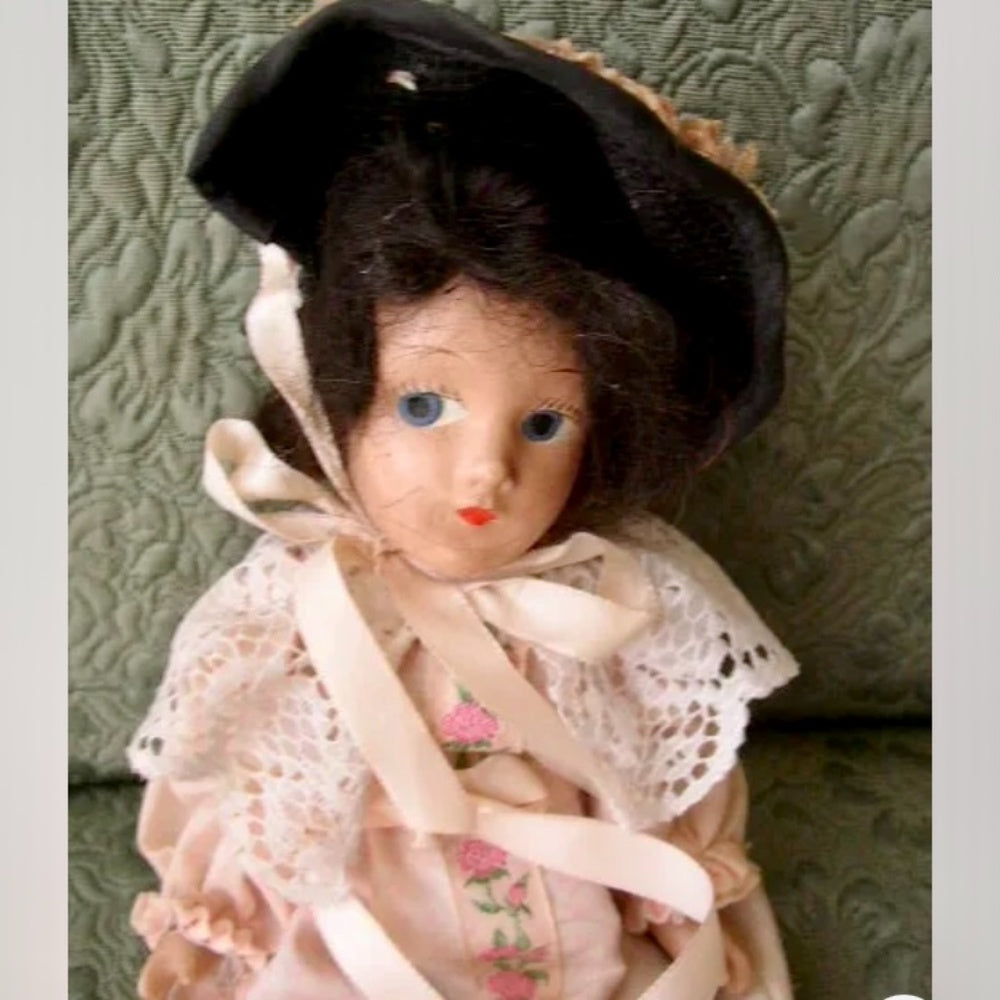 1920-30s 11-Inch Composition Doll in Pink Gown and Black Hat