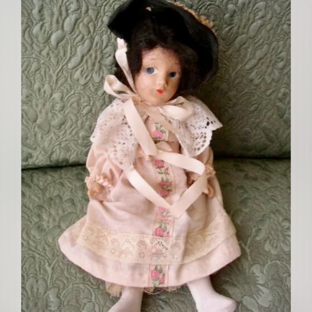 1920-30s 11-Inch Composition Doll in Pink Gown and Black Hat