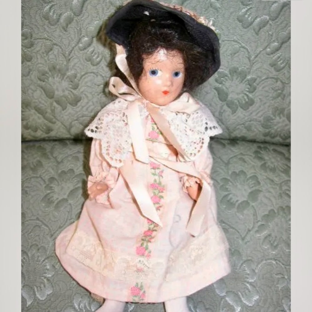 1920-30s 11-Inch Composition Doll in Pink Gown and Black Hat