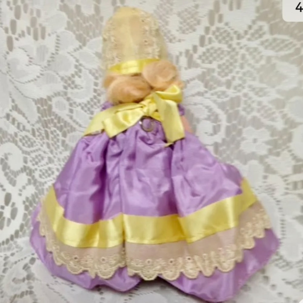 Vintage1940-50s 5.5in Nancy Ann Story Book Doll in Purple and Yellow Gown/Hat