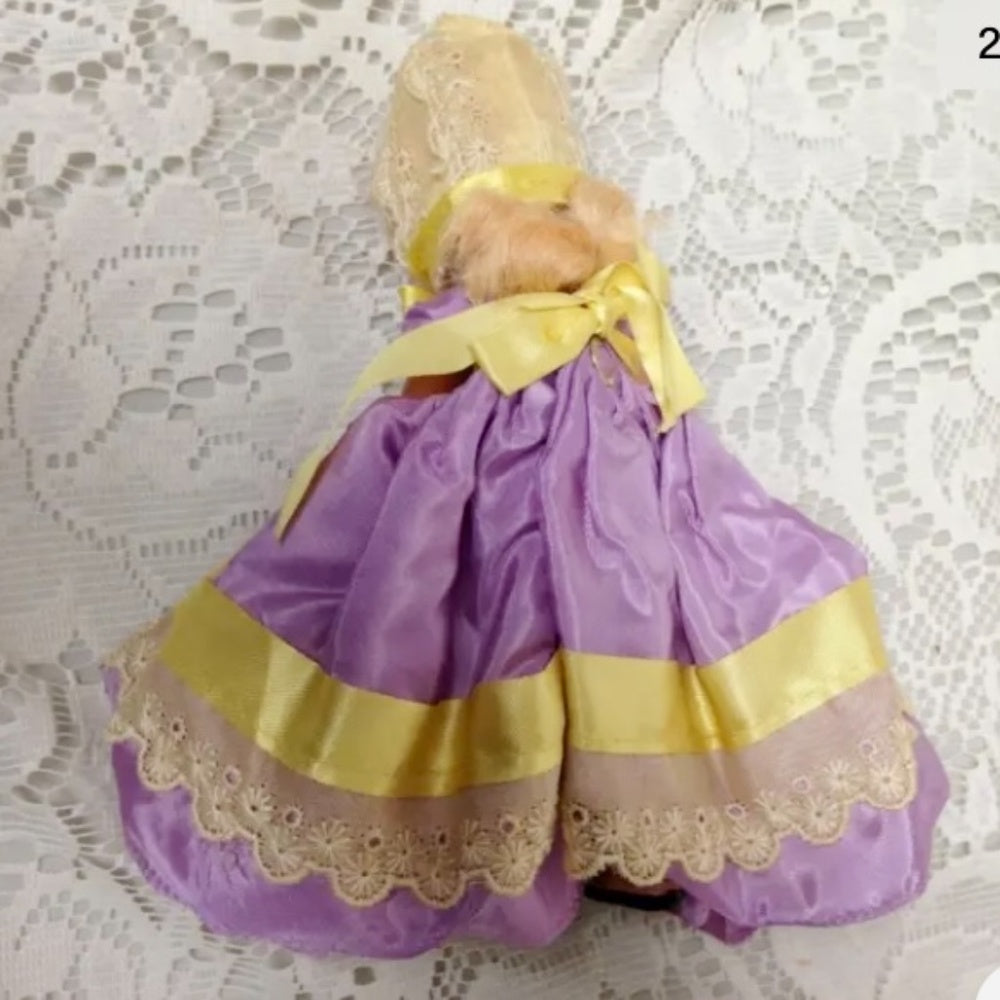 Vintage1940-50s 5.5in Nancy Ann Story Book Doll in Purple and Yellow Gown/Hat