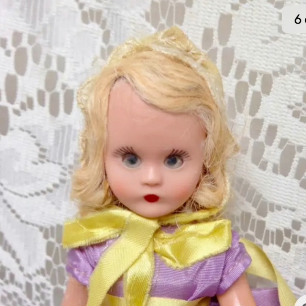Vintage1940-50s 5.5in Nancy Ann Story Book Doll in Purple and Yellow Gown/Hat