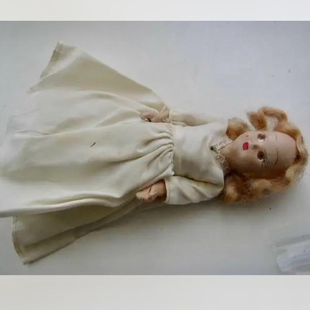 Vintage, Elegant 6.5 Composition Face Doll in White Gown