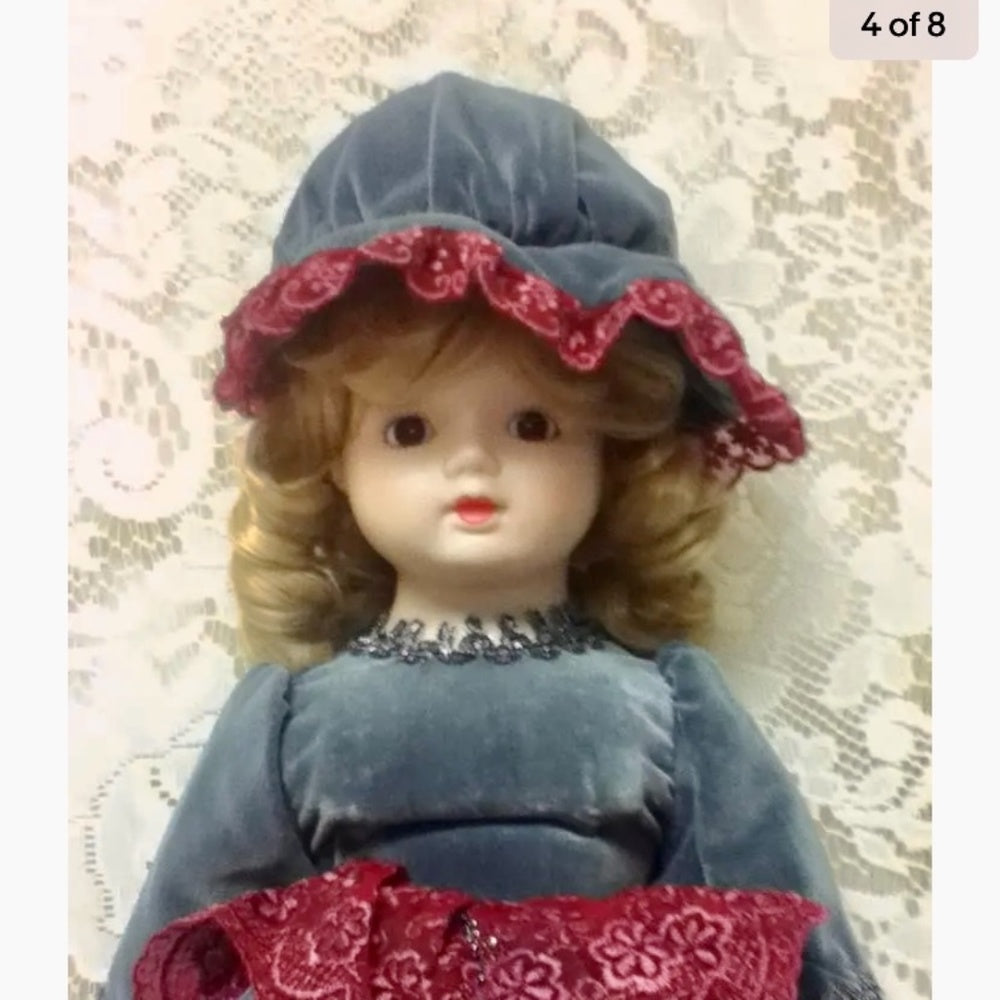 Vintage, Zasan, Patent P. 20” Victorian Doll in Velvet Gown and Hat