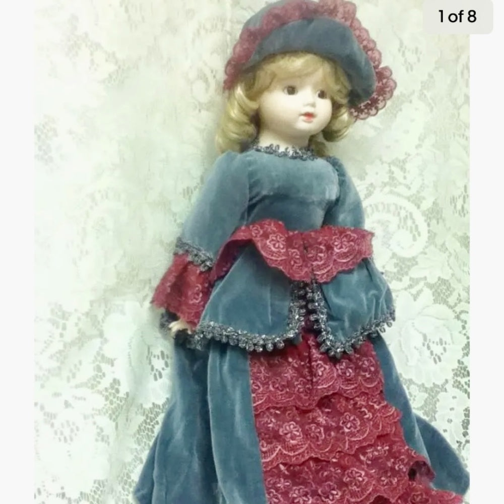 Vintage, Zasan, Patent P. 20” Victorian Doll in Velvet Gown and Hat