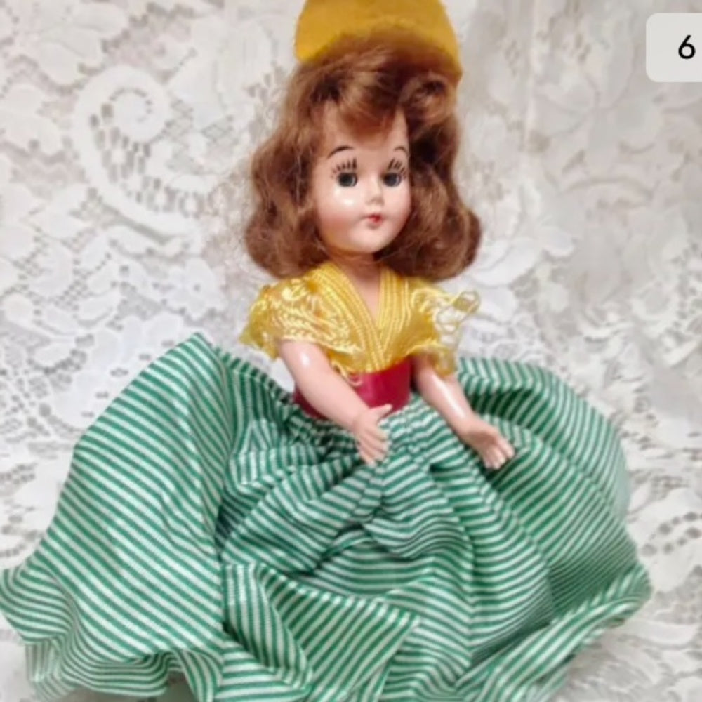 Vintage, Rare, 1950s 8in Plastic, Brunette Doll in Yellow and Green Dress
