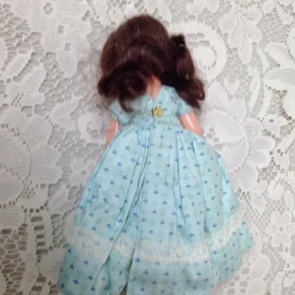 Vintage1940-50s 5.5in Nancy Ann Story Book Doll in Blue Printed Dress and Apron