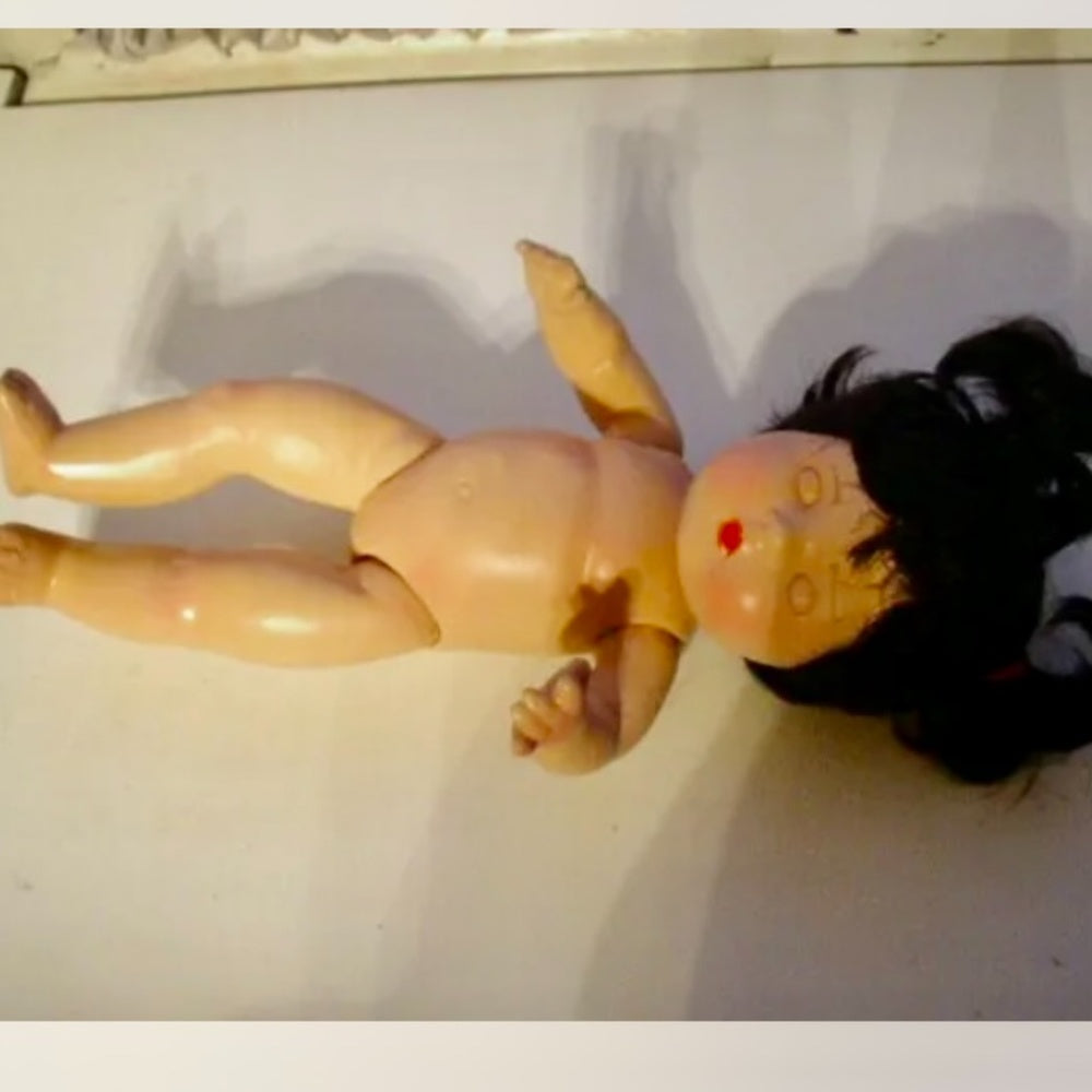 Vintage, 12” Composition Baby Doll in Burgundy Velvet Dress