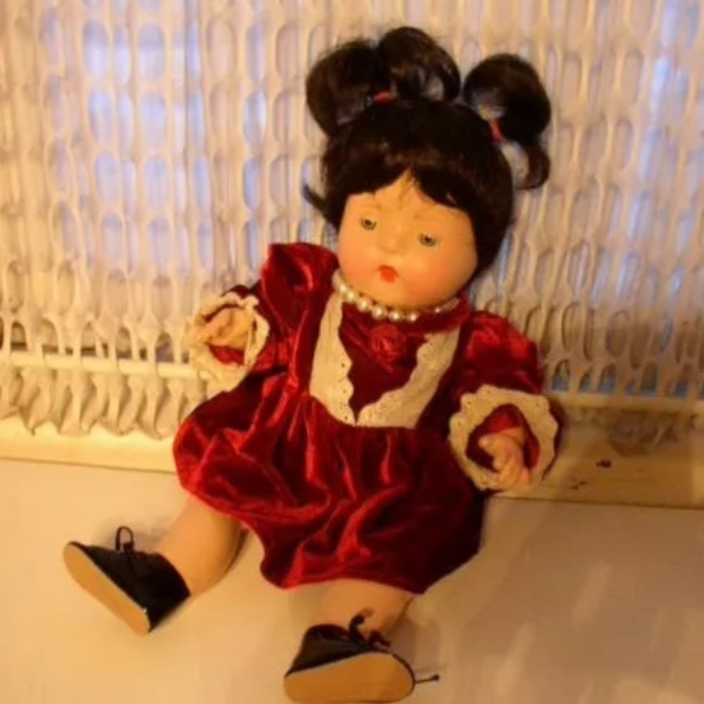 Vintage, 12” Composition Baby Doll in Burgundy Velvet Dress