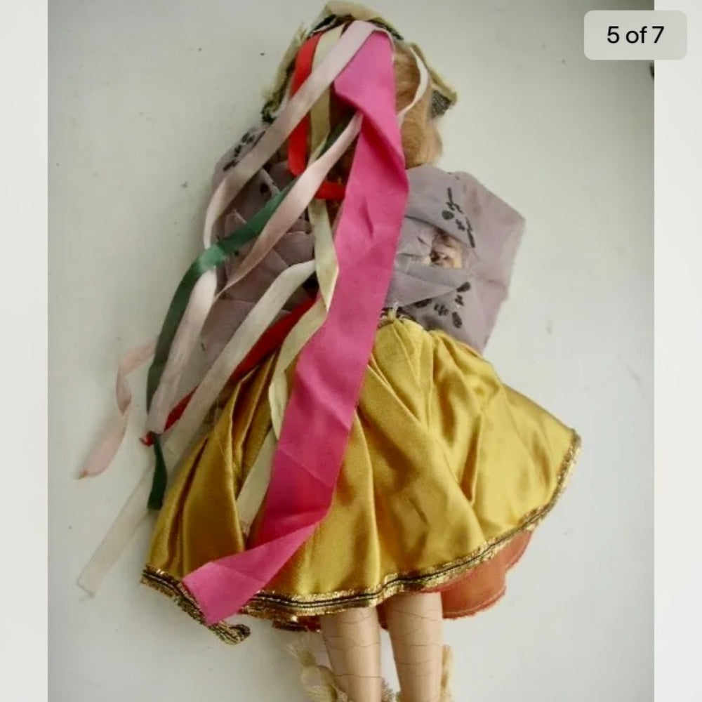 Vintage, Elegant 11" Composition Doll in Gold-Burgundy Gown