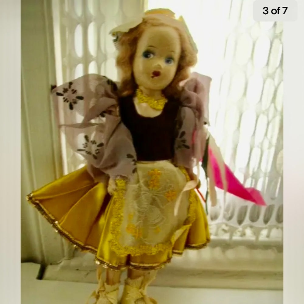 Vintage, Elegant 11" Composition Doll in Gold-Burgundy Gown