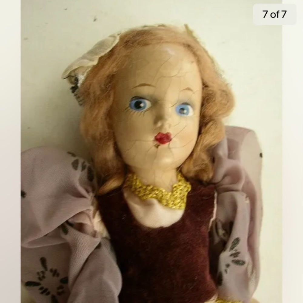 Vintage, Elegant 11" Composition Doll in Gold-Burgundy Gown