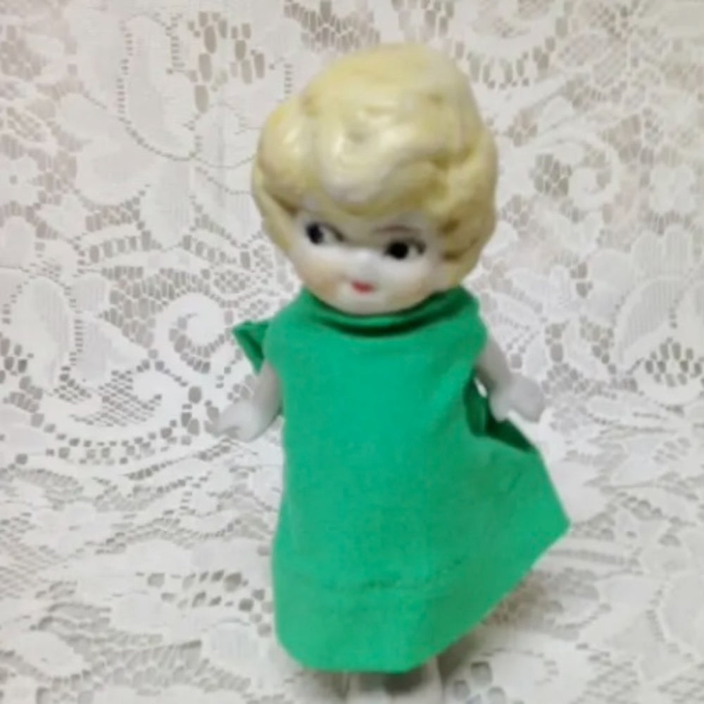 Antique, Made in Japan, 5.25in Bisque, Googly-eyed Doll in Green Dress