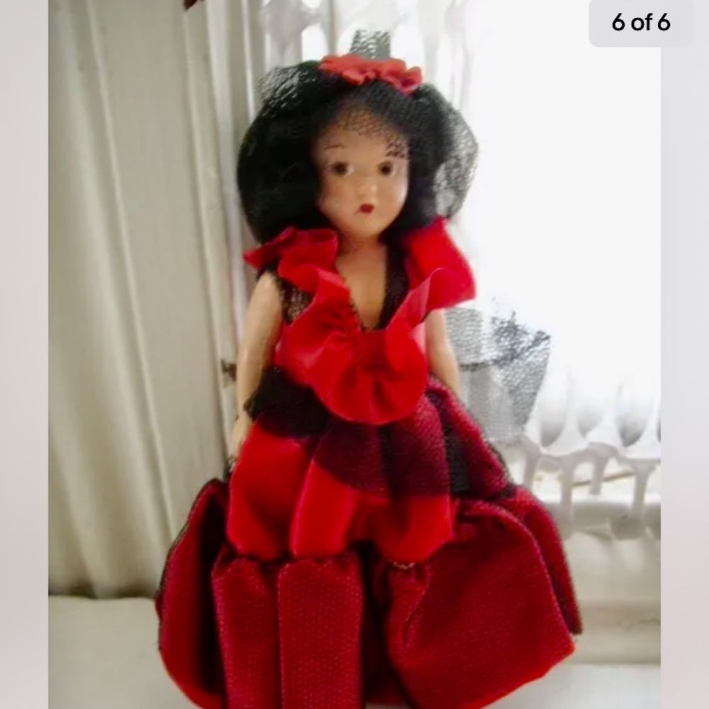 Vintage, 7.5" Composition Face-Plastic Doll in Red Gown