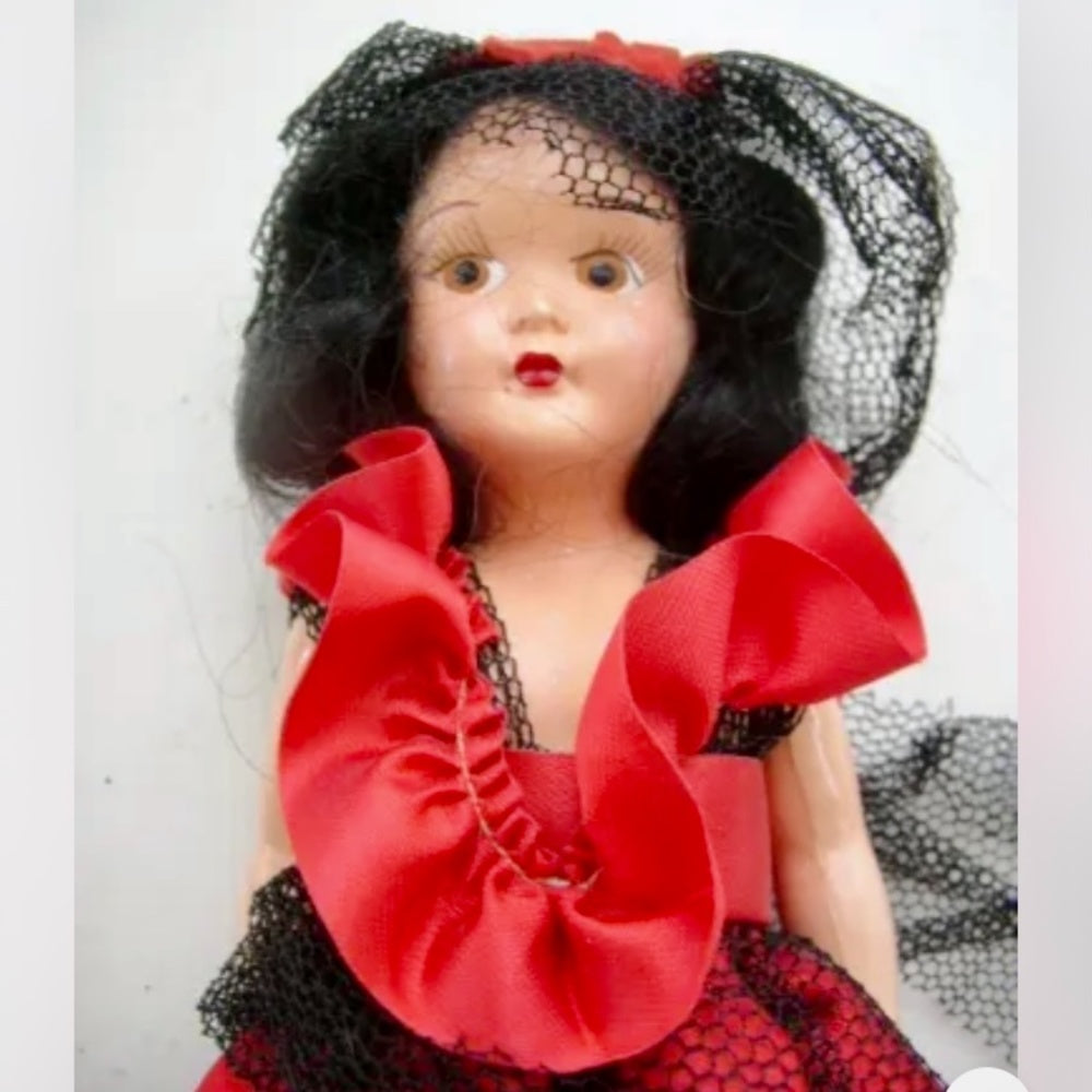 Vintage, 7.5" Composition Face-Plastic Doll in Red Gown