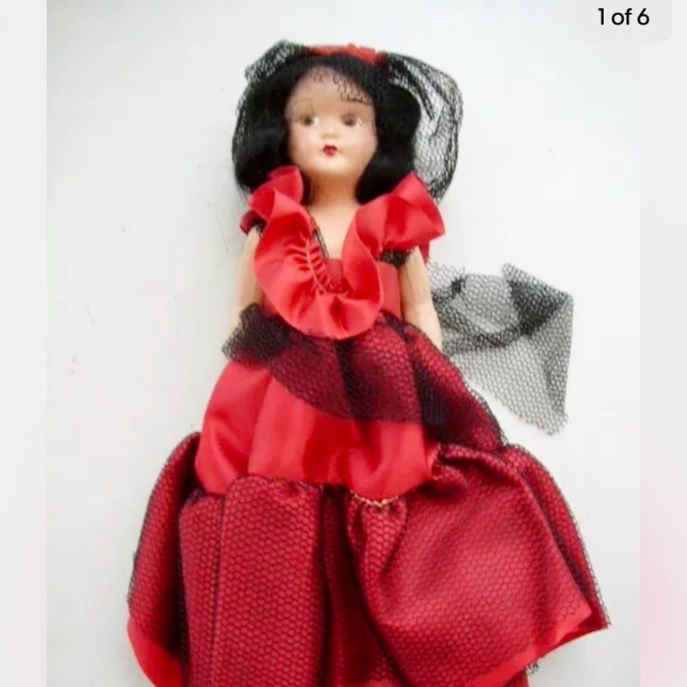 Vintage, 7.5" Composition Face-Plastic Doll in Red Gown