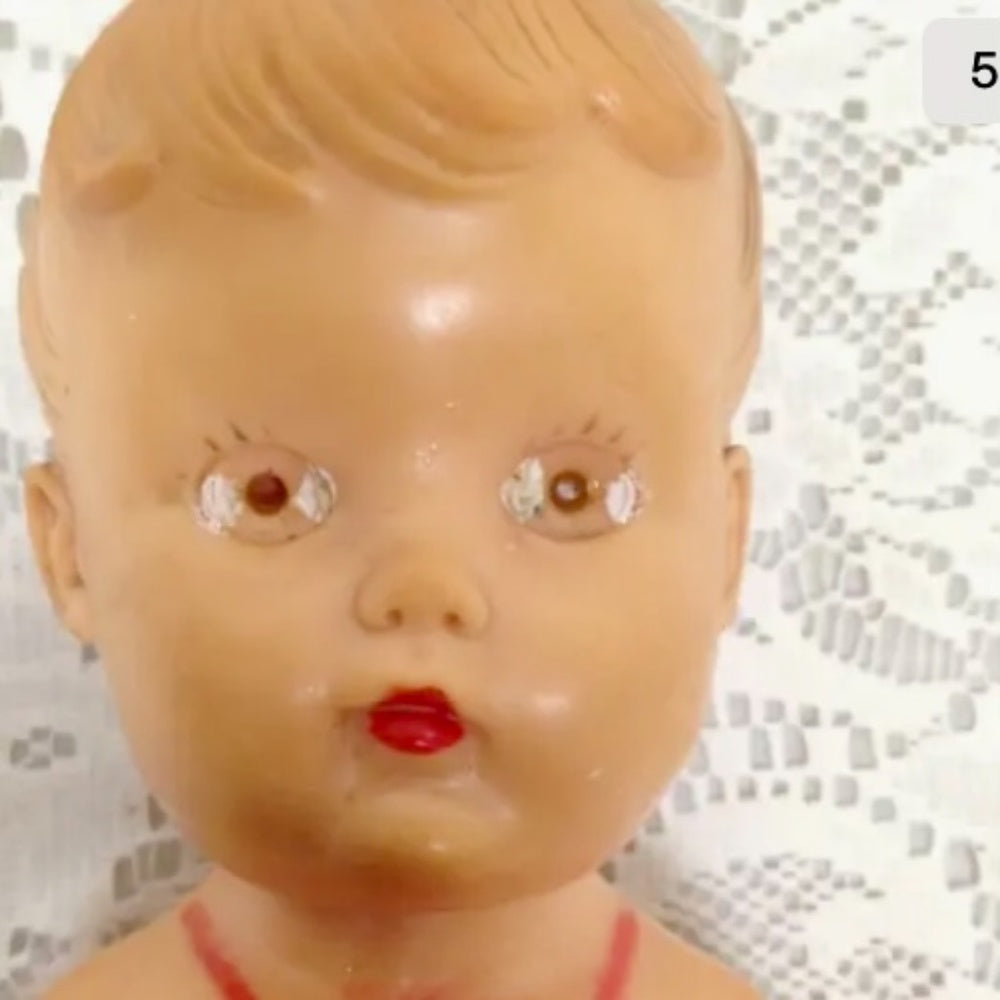 Vintage, 1940s Sun Rubber Doll in Red and White Playsuit