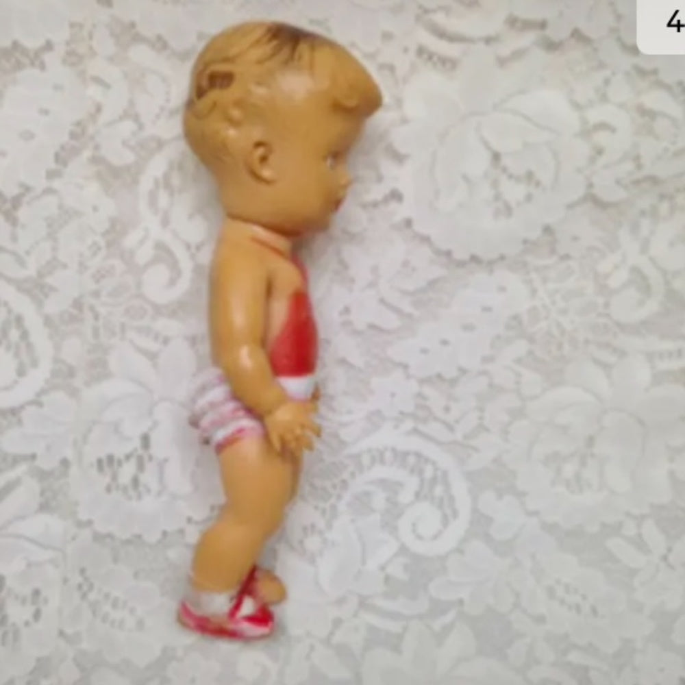 Vintage, 1940s Sun Rubber Doll in Red and White Playsuit